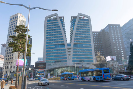 Street view of Namdaemun Ro and modern skyscrapers in Seoul, South Korea