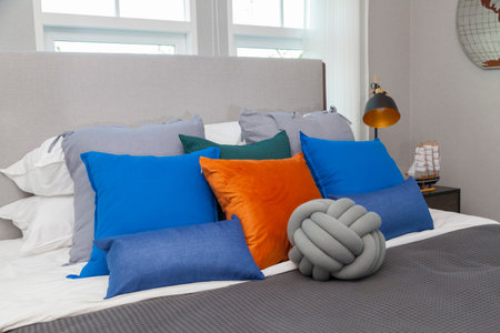 blue bedroom with pattern and texture of bedding
