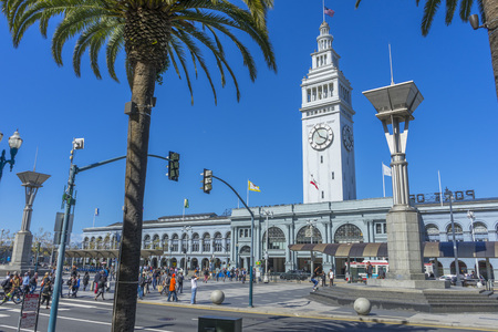 The Ferry Building and Marketplace over blue sky at the Embarcadero in downtown San Francisco,USAのeditorial素材