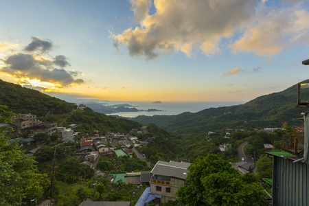 Panoramic view of Hillside Jiufen old village with blue sky in New Taipei City, Taiwanの写真素材