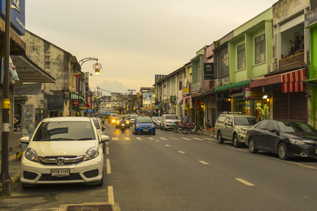 Chino-portuguese style building in Phuket Old Town. Historical landmark in thalang road at Phuket Thailand.のeditorial素材
