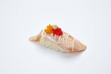 Salmon Sushi on white background in closeupの写真素材