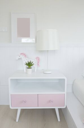 modern kid's bedroom and dolls on bed with wooden bed, interior decoration design conceptの写真素材