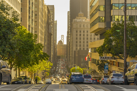 Street view at California St looking through the Bay Bridge in San Francisco,USAのeditorial素材