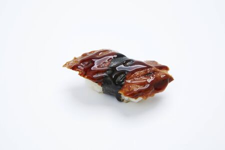 Eel Unagi sushi close up isolated on a white backgroundの写真素材
