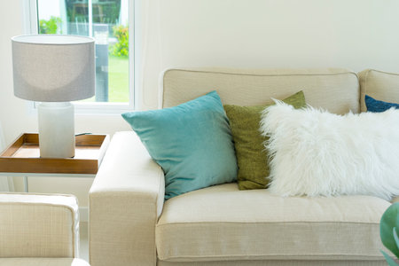 detail image of colorful cushion on sofa, living room, modern house, home decoration