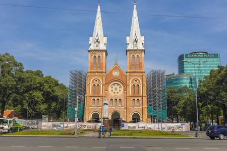 Notre Dame Cathedral with blue sky in Ho Chi Minh City, Vietnamのeditorial素材