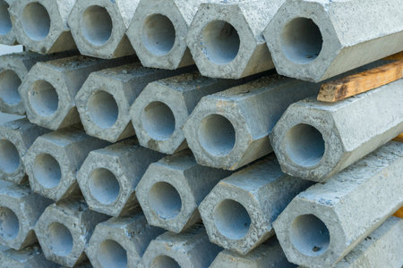 pile of hexagon piles at the construction siteの写真素材
