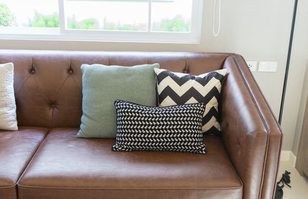 Brown leather sofa with graphic pattern pillow in elegant living room interior by the window. Modern stylish interior.の写真素材