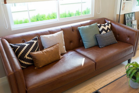 Brown leather sofa with graphic pattern pillow in elegant living room interior by the window. Modern...