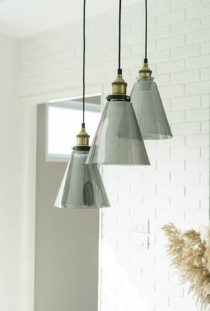 Close up of incandescent lamp hang on ceiling.  Ceiling light hanging from ceiling of modern home.
