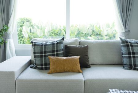Interior design of modern living room with gray sofa, coffee table and plaid pattern cushions by the big window.の写真素材