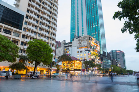 Evening view of The Cafe Apartment on Saigonâ€™s Walking Street in Ho Chi Minh City, Vietnam