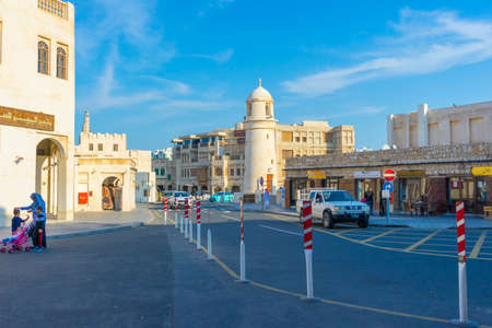 Al Ahmad Mosque, ancient mosque with its minaret in the heart of Souq Waqif, old traditional market in Doha, Qatarのeditorial素材