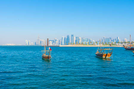 View of modern skyscrapers and west bay in Doha, Qatarのeditorial素材