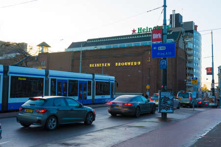 View of Heineken brewery building at morning sunrise in Amsterdam, Netherlandsのeditorial素材