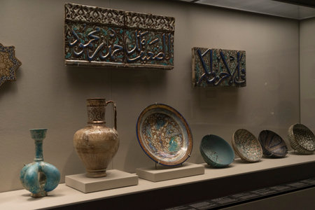 Old and vintage ceramic vase and statue of Chinese art on display in museum.