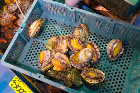 Seafood stall in the Tsukiji Market, Tokyo, Japan