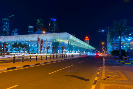 Night view of DECC - Doha Exhibition and Convention Centre in Doha, Qatarのeditorial素材