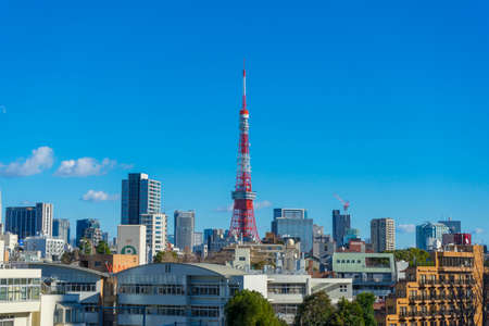 View of downtown area of Tokyo city near the Tokyo Tower, the most iconic landmark in the city.のeditorial素材