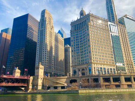 View of The Chicago River and skyscrapers in downtown Chicago,Illinois, USAのeditorial素材