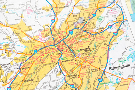 Map of Birmingham city on the map, Alabama, USA.
