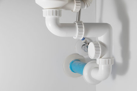 Drainage system under the modern sink, kitchen sink of a home.の写真素材