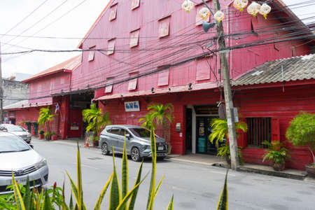 Main building of Red rise mill in Songkhla old town, known as Hub Ho Hin rice mill in Songkhla, Thailand.のeditorial素材