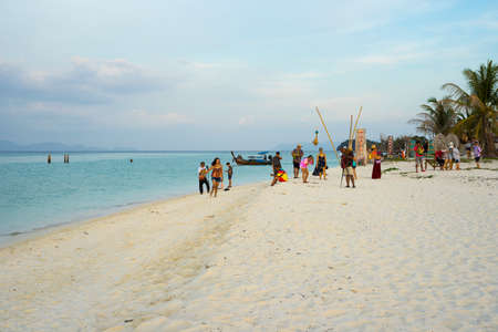 Many tourist come to enjoy the sunset view at North Point Beach in Ko Lipe island in Satun, Thailandのeditorial素材