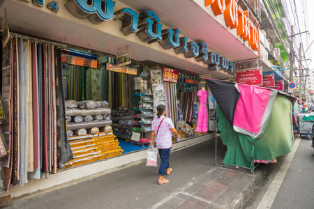 Bangkok, Thailand - 6 November,2020 : Thai people walking and buying fabric material and accessories...