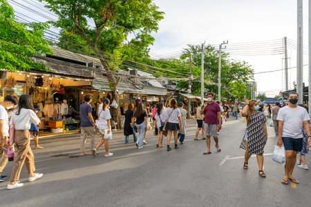 Bangkok, Thailand - Jun 4, 2022 : Crowd of tourist shopping in Chatuchak or Jatujak weekend market in Bangkok, Thailand. This place is a famous and popular travel destination amongのeditorial素材
