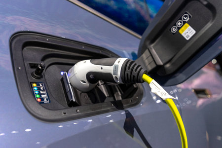 Charging an electric car with an electric cable. Close-up.