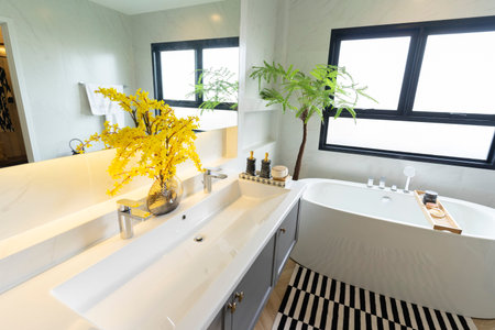 Modern White Marble Bathroom Design with double sinks and shower room.