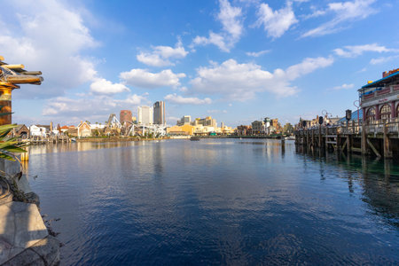 Landscape view of waterfront area with blue sky at Universal Studios Osaka in Osaka, Japanの写真素材