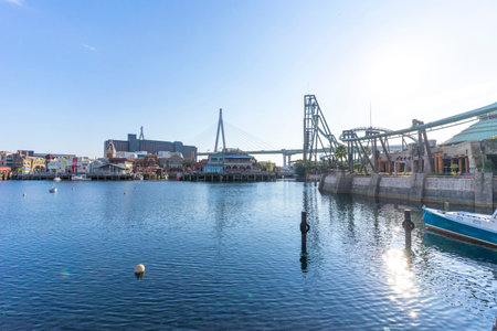 Landscape view of Lakeside view with blue sky at Universal Studios Osaka in Osaka, Japanの写真素材