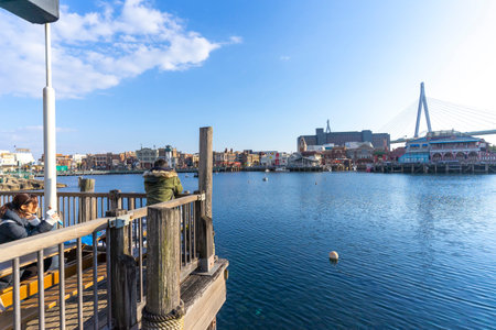 Landscape view of Lakeside view with blue sky at Universal Studios in Japanの写真素材