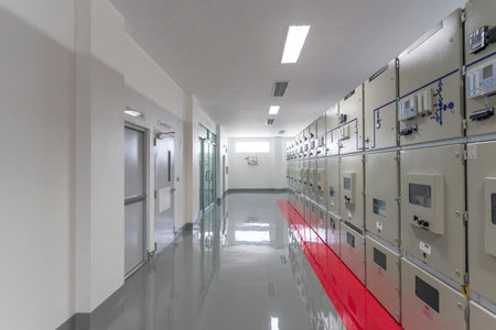 Interior of electrical room. Main operator station network and circuit center in industry factory manufacturing system.の写真素材