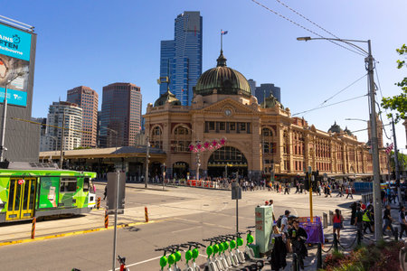 Melbourne, Australia - January 3, 2024 : View of the iconic Flinders Street Station in Melbourne, Australia on December 29,2023.の写真素材