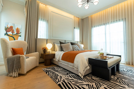 Luxury bedroom interior design with set of pillows on bedの写真素材
