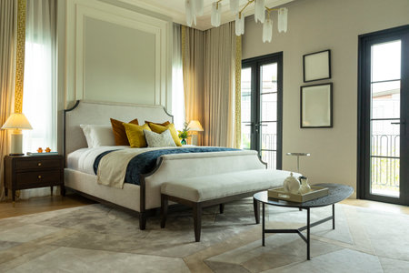 interior of luxury bedroom with classic style, pillows on bedの写真素材