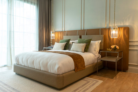 luxury bedroom with set of pillows on bed, interior designの写真素材