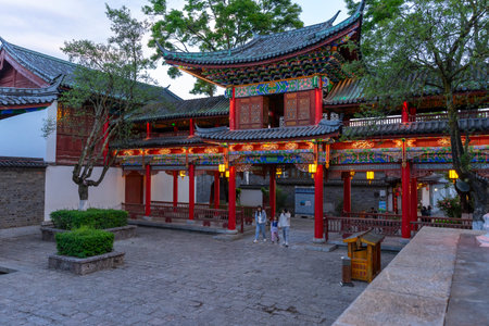 Beautiful image of Mufu Palace in Lijiang old town at evening light in Lijiang, China.の写真素材