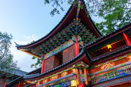 Beautiful image of Mufu Palace in Lijiang old town at evening light in Lijiang, China.の写真素材