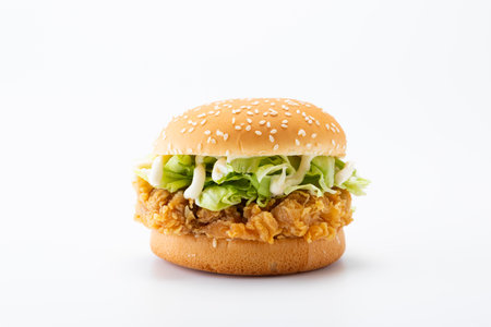 Burger with chicken on white backgroundの写真素材