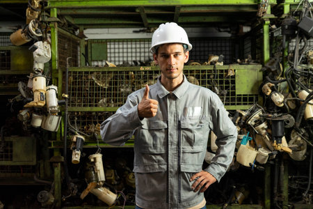 Technician worker standing and look at camera in garage scrap yard car workshop warehouse.