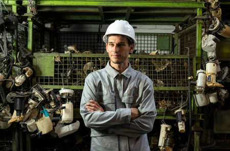 Technician worker standing and looking at camera in garage scrap yard car workshop warehouse.