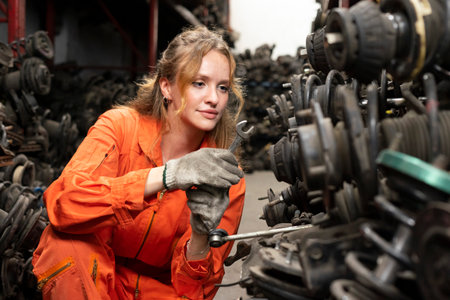 Portrait of young female mechanic in uniform working in auto repair shopの写真素材