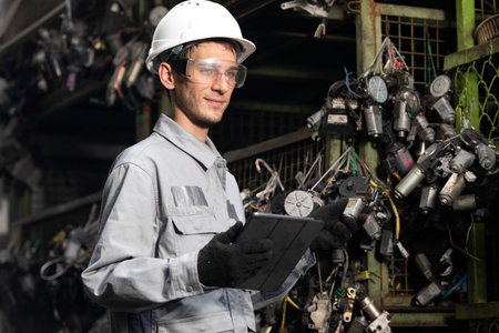 Professional adult Engineer male work in factory working checking stock inventory data with tablet...