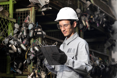 Professional adult Engineer male work in factory working checking stock inventory data with tablet...