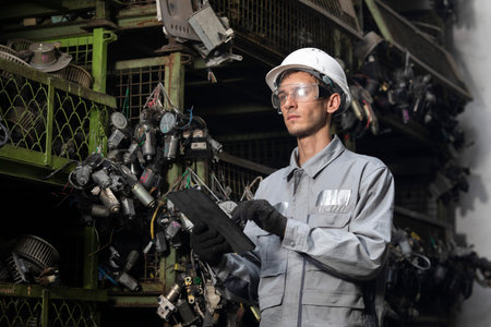 Professional adult Engineer male work in factory working checking stock inventory data with tablet...